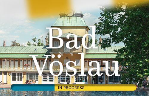 Bad Vöslau Stadtmarke Ansicht Thermalbad mit in Progress Balken und Schriftzug