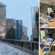 Montage aus drei Bildern zum Kick-off-Workshop auf der Burg Oberkapfenberg: Außenansicht Burg und zwei Gruppenbilder der Arbeitsgruppe