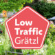 Vorschaubild Low Traffic Grätzl: Logo vor grünem Hintergrund @Stadt Wien/Christian Fürthner & message